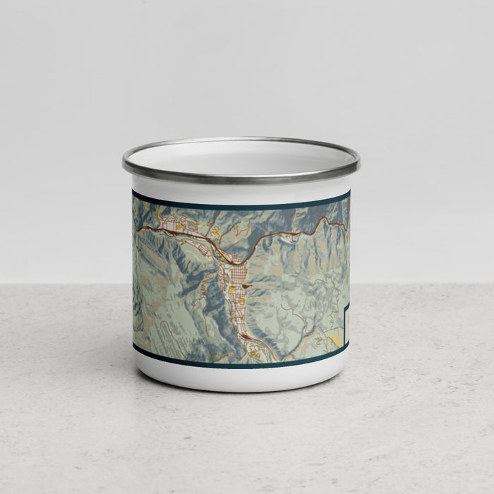 Front View Custom Glenwood Springs Colorado Map Enamel Mug in Woodblock