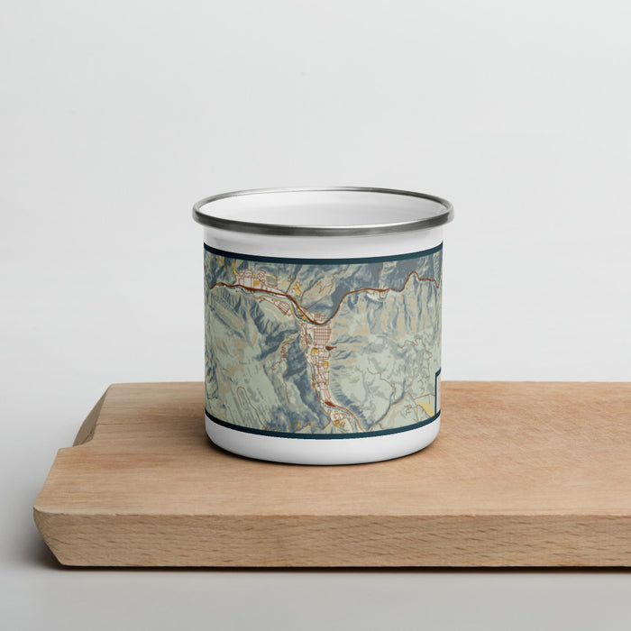 Front View Custom Glenwood Springs Colorado Map Enamel Mug in Woodblock on Cutting Board