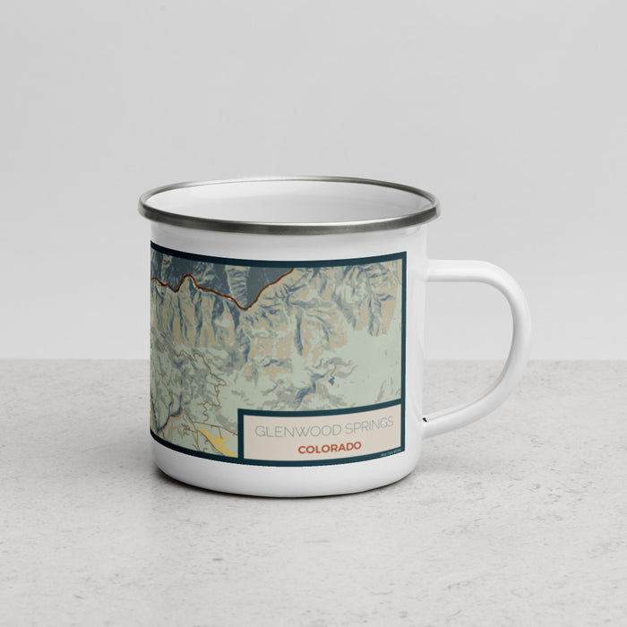 Right View Custom Glenwood Springs Colorado Map Enamel Mug in Woodblock