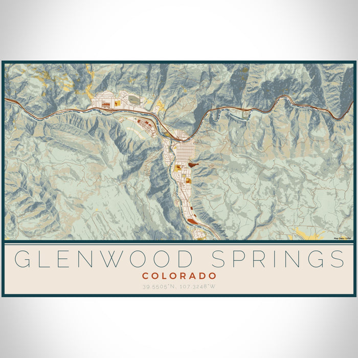 Glenwood Springs Colorado Map Print Landscape Orientation in Woodblock Style With Shaded Background