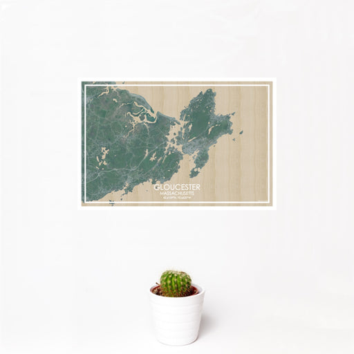 12x18 Gloucester Massachusetts Map Print Landscape Orientation in Afternoon Style With Small Cactus Plant in White Planter