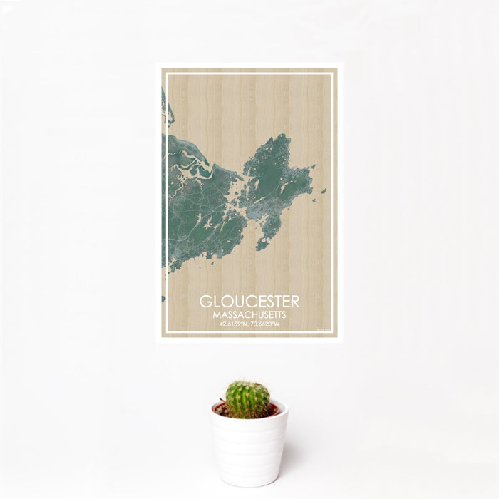12x18 Gloucester Massachusetts Map Print Portrait Orientation in Afternoon Style With Small Cactus Plant in White Planter