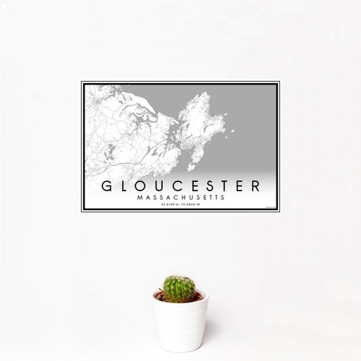 12x18 Gloucester Massachusetts Map Print Landscape Orientation in Classic Style With Small Cactus Plant in White Planter