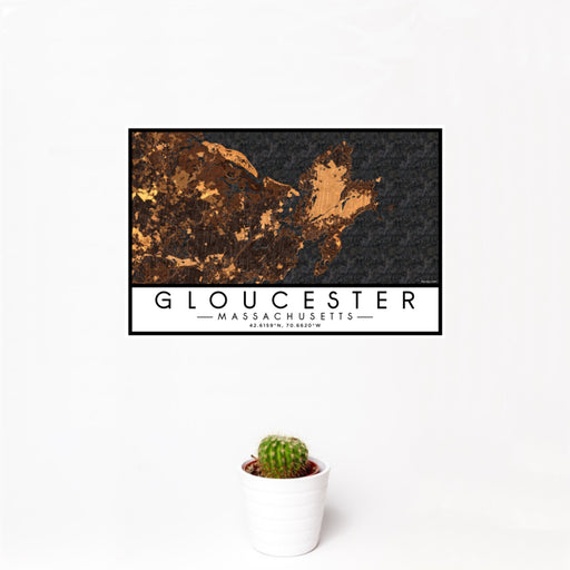 12x18 Gloucester Massachusetts Map Print Landscape Orientation in Ember Style With Small Cactus Plant in White Planter