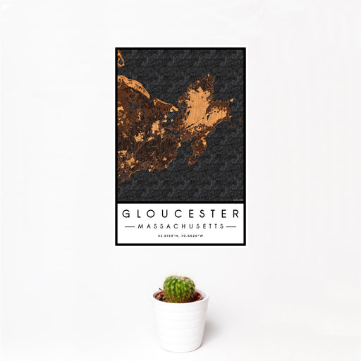 12x18 Gloucester Massachusetts Map Print Portrait Orientation in Ember Style With Small Cactus Plant in White Planter