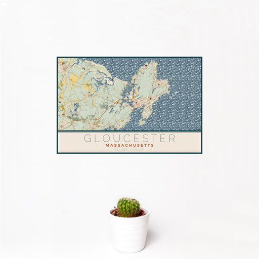 12x18 Gloucester Massachusetts Map Print Landscape Orientation in Woodblock Style With Small Cactus Plant in White Planter