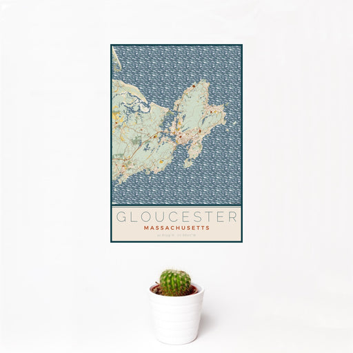 12x18 Gloucester Massachusetts Map Print Portrait Orientation in Woodblock Style With Small Cactus Plant in White Planter