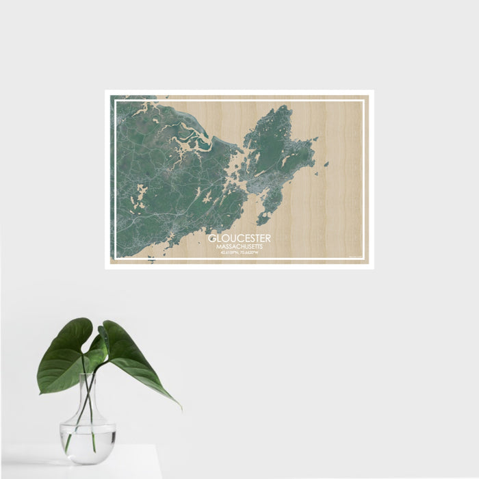 16x24 Gloucester Massachusetts Map Print Landscape Orientation in Afternoon Style With Tropical Plant Leaves in Water