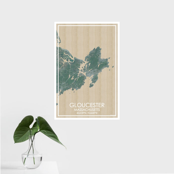 16x24 Gloucester Massachusetts Map Print Portrait Orientation in Afternoon Style With Tropical Plant Leaves in Water