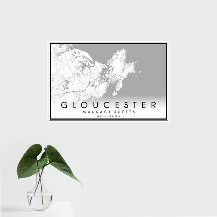 16x24 Gloucester Massachusetts Map Print Landscape Orientation in Classic Style With Tropical Plant Leaves in Water