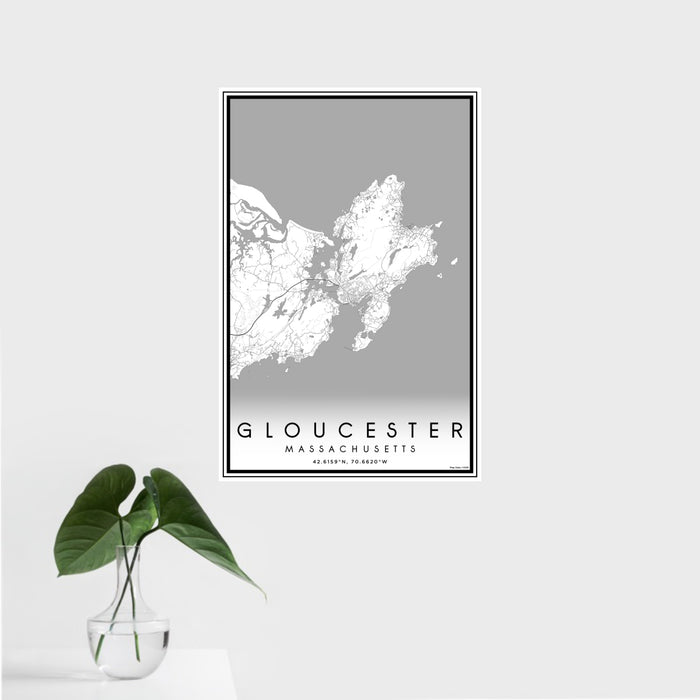 16x24 Gloucester Massachusetts Map Print Portrait Orientation in Classic Style With Tropical Plant Leaves in Water