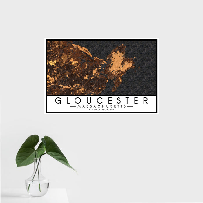 16x24 Gloucester Massachusetts Map Print Landscape Orientation in Ember Style With Tropical Plant Leaves in Water