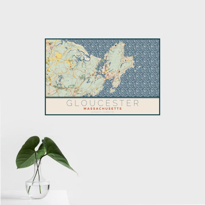 16x24 Gloucester Massachusetts Map Print Landscape Orientation in Woodblock Style With Tropical Plant Leaves in Water