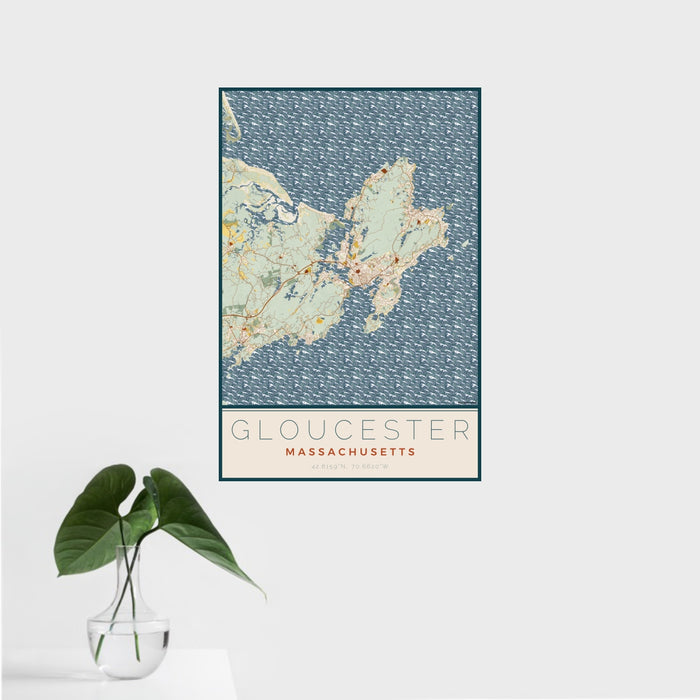 16x24 Gloucester Massachusetts Map Print Portrait Orientation in Woodblock Style With Tropical Plant Leaves in Water