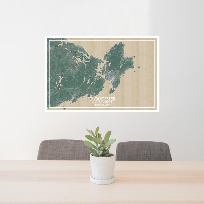 24x36 Gloucester Massachusetts Map Print Lanscape Orientation in Afternoon Style Behind 2 Chairs Table and Potted Plant