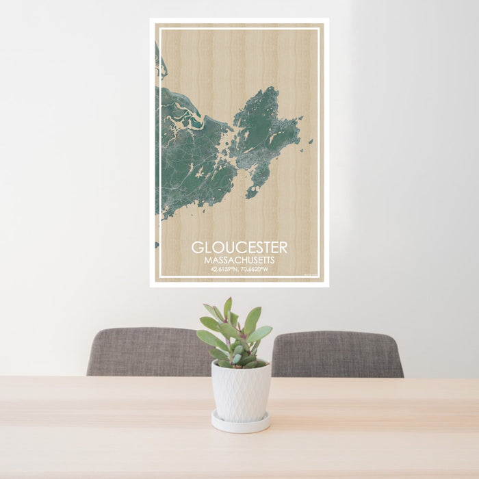 24x36 Gloucester Massachusetts Map Print Portrait Orientation in Afternoon Style Behind 2 Chairs Table and Potted Plant