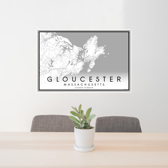 24x36 Gloucester Massachusetts Map Print Lanscape Orientation in Classic Style Behind 2 Chairs Table and Potted Plant
