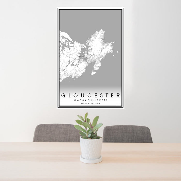 24x36 Gloucester Massachusetts Map Print Portrait Orientation in Classic Style Behind 2 Chairs Table and Potted Plant