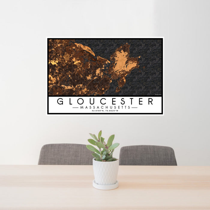 24x36 Gloucester Massachusetts Map Print Lanscape Orientation in Ember Style Behind 2 Chairs Table and Potted Plant