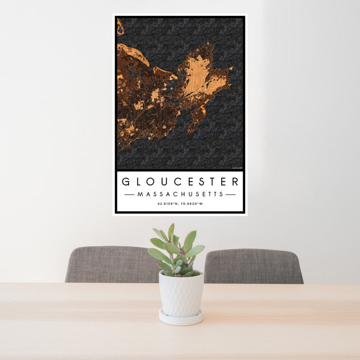 24x36 Gloucester Massachusetts Map Print Portrait Orientation in Ember Style Behind 2 Chairs Table and Potted Plant
