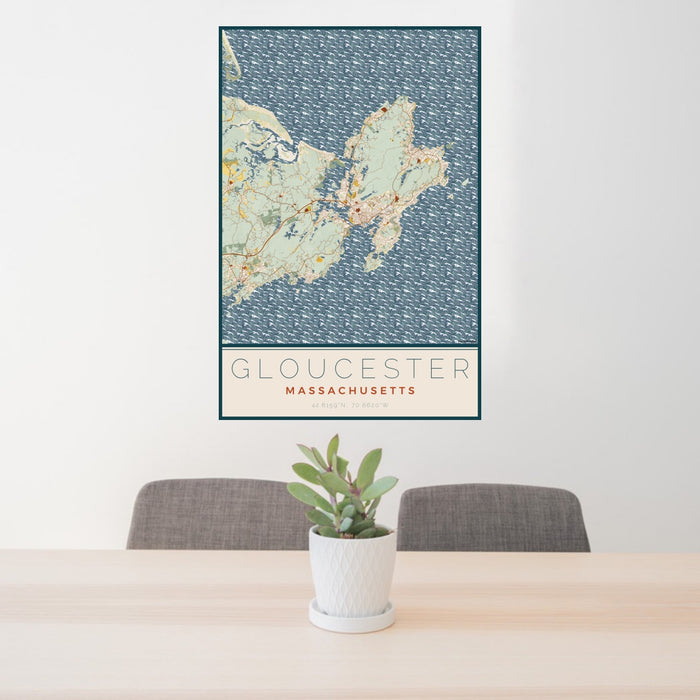 24x36 Gloucester Massachusetts Map Print Portrait Orientation in Woodblock Style Behind 2 Chairs Table and Potted Plant
