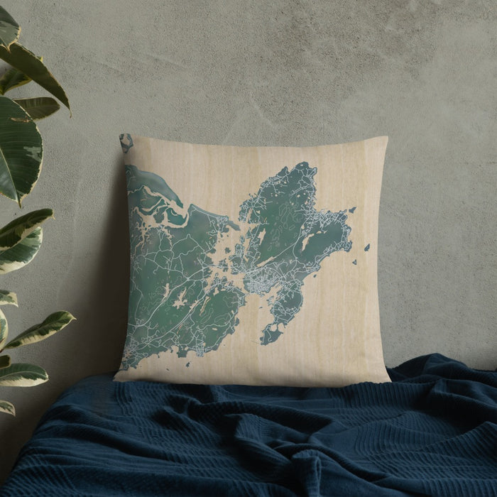Custom Gloucester Massachusetts Map Throw Pillow in Afternoon on Bedding Against Wall