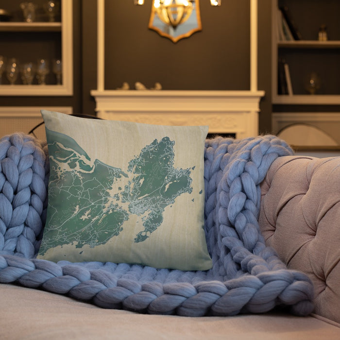 Custom Gloucester Massachusetts Map Throw Pillow in Afternoon on Cream Colored Couch