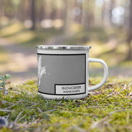 Right View Custom Gloucester Massachusetts Map Enamel Mug in Classic on Grass With Trees in Background