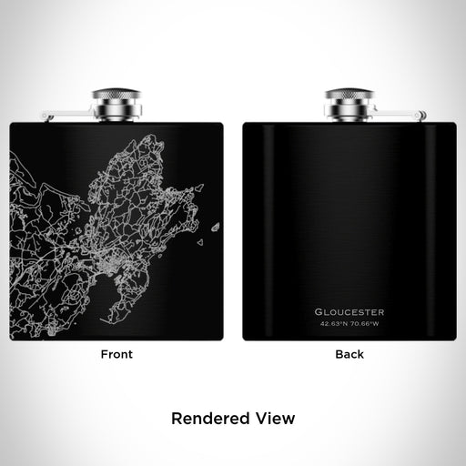 Rendered View of Gloucester Massachusetts Map Engraving on 6oz Stainless Steel Flask in Black