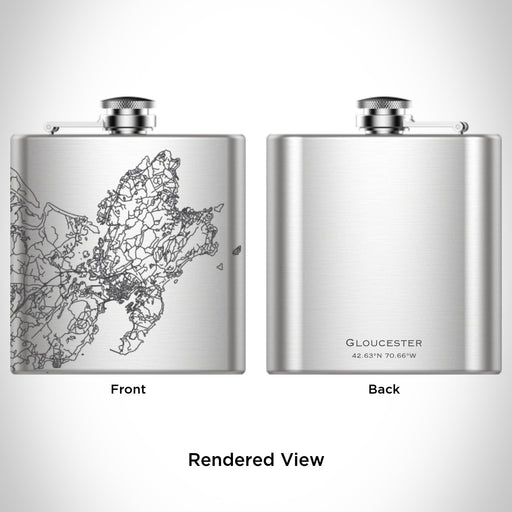 Rendered View of Gloucester Massachusetts Map Engraving on 6oz Stainless Steel Flask