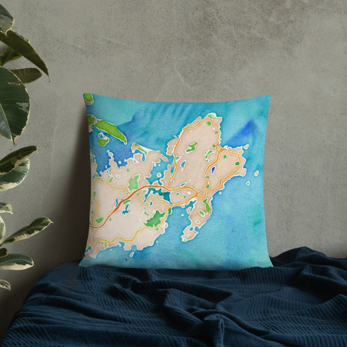 Custom Gloucester Massachusetts Map Throw Pillow in Watercolor on Bedding Against Wall
