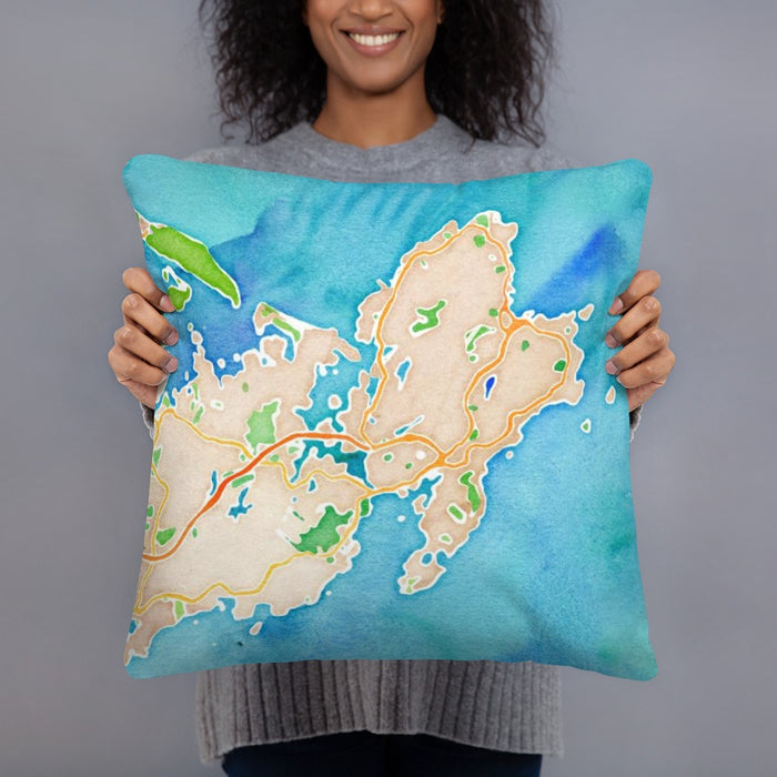 Person holding 18x18 Custom Gloucester Massachusetts Map Throw Pillow in Watercolor