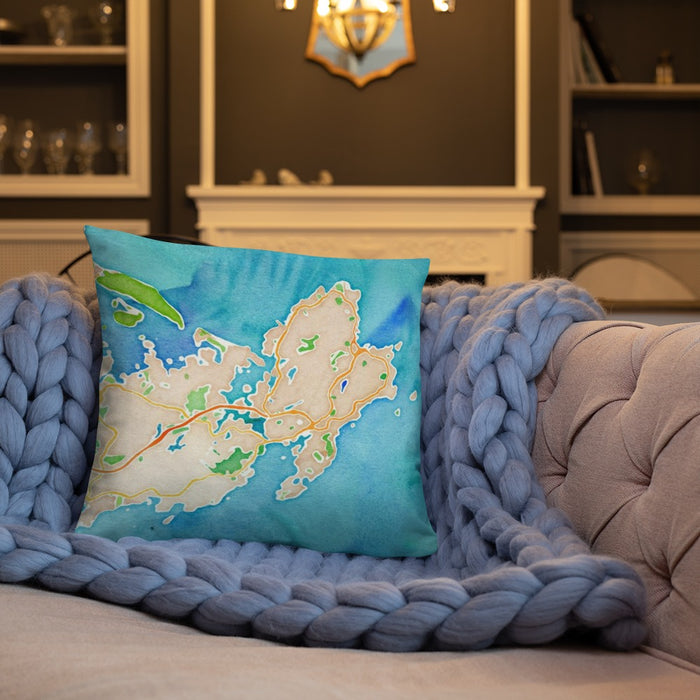 Custom Gloucester Massachusetts Map Throw Pillow in Watercolor on Cream Colored Couch