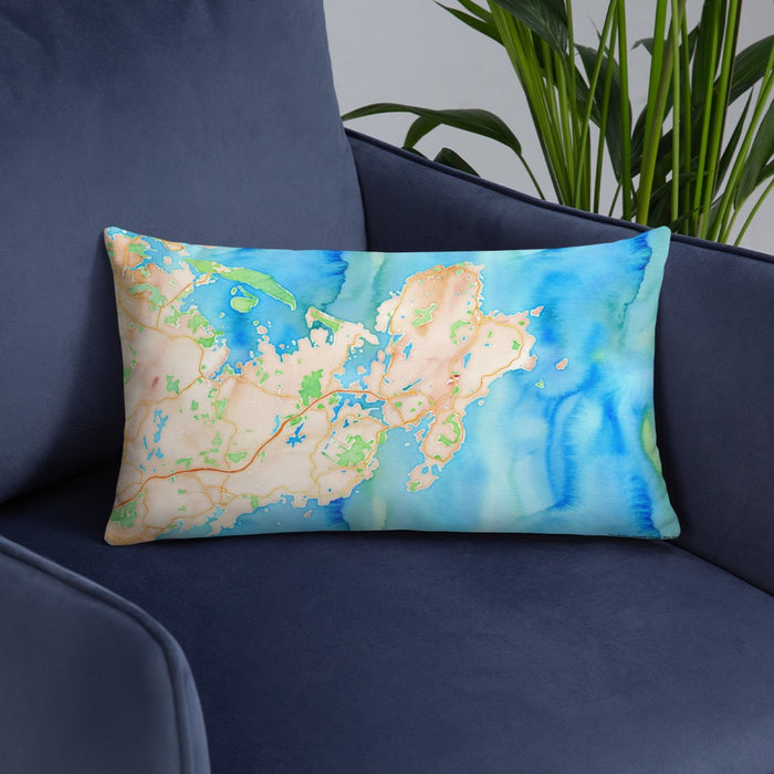 Custom Gloucester Massachusetts Map Throw Pillow in Watercolor on Blue Colored Chair