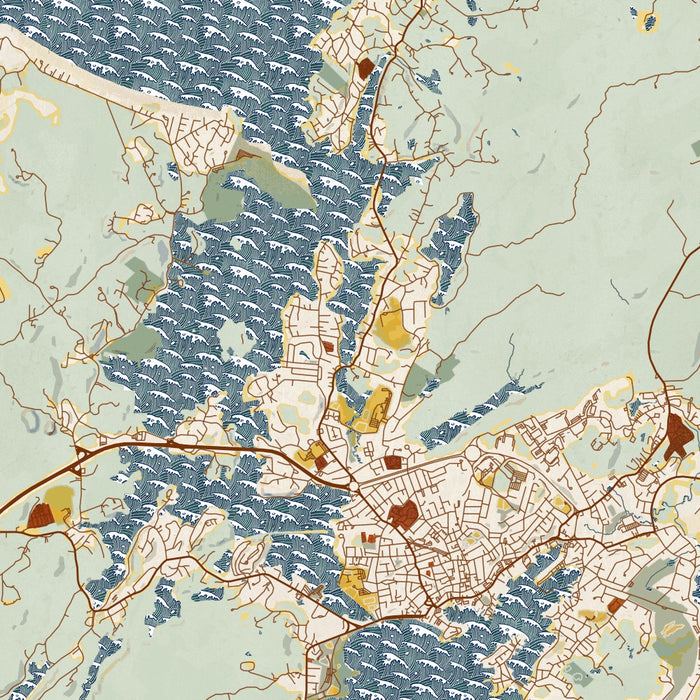 Gloucester Massachusetts Map Print in Woodblock Style Zoomed In Close Up Showing Details