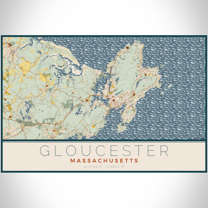 Gloucester Massachusetts Map Print Landscape Orientation in Woodblock Style With Shaded Background