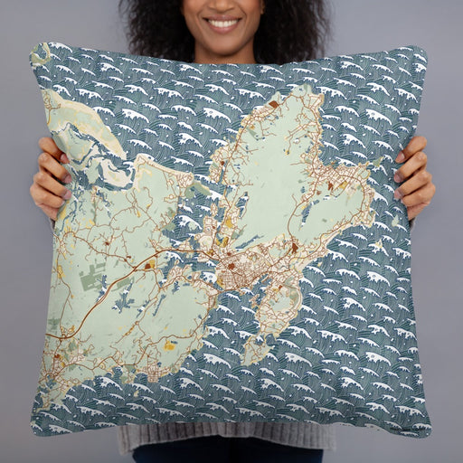 Person holding 22x22 Custom Gloucester Massachusetts Map Throw Pillow in Woodblock