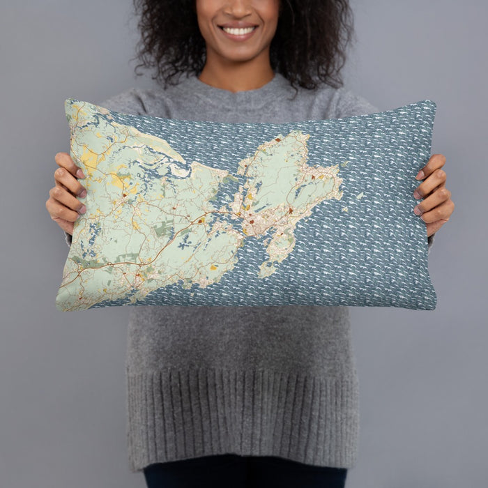 Person holding 20x12 Custom Gloucester Massachusetts Map Throw Pillow in Woodblock