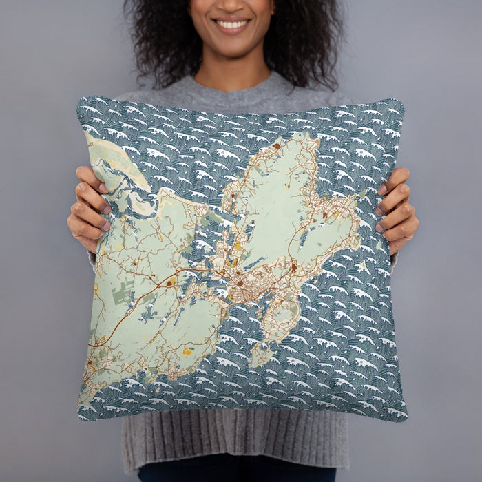Person holding 18x18 Custom Gloucester Massachusetts Map Throw Pillow in Woodblock