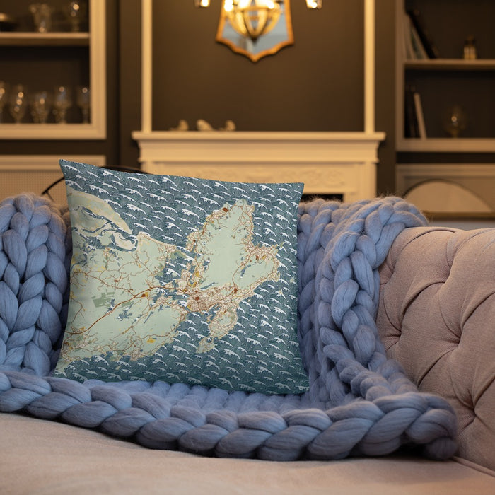 Custom Gloucester Massachusetts Map Throw Pillow in Woodblock on Cream Colored Couch
