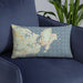 Custom Gloucester Massachusetts Map Throw Pillow in Woodblock on Blue Colored Chair