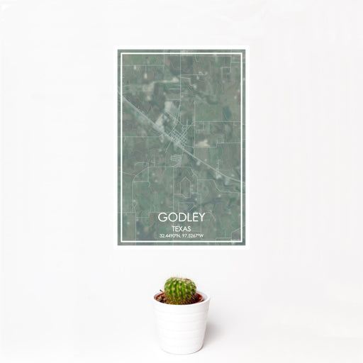 12x18 Godley Texas Map Print Portrait Orientation in Afternoon Style With Small Cactus Plant in White Planter