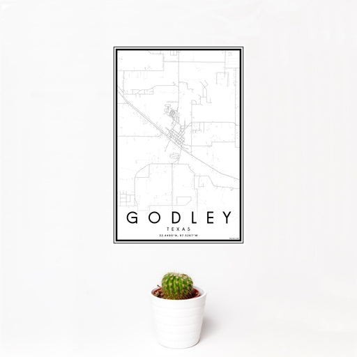 12x18 Godley Texas Map Print Portrait Orientation in Classic Style With Small Cactus Plant in White Planter