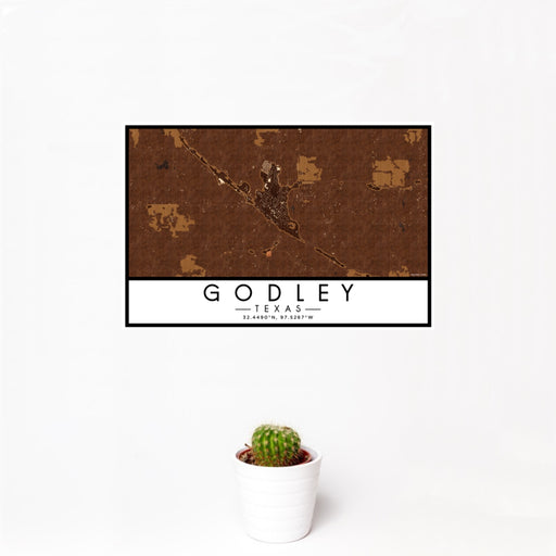 12x18 Godley Texas Map Print Landscape Orientation in Ember Style With Small Cactus Plant in White Planter