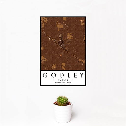 12x18 Godley Texas Map Print Portrait Orientation in Ember Style With Small Cactus Plant in White Planter