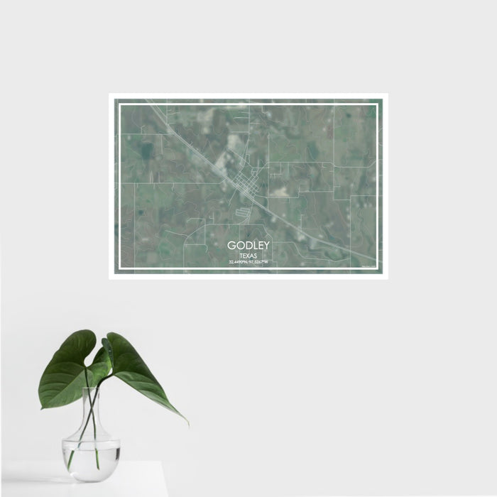 16x24 Godley Texas Map Print Landscape Orientation in Afternoon Style With Tropical Plant Leaves in Water