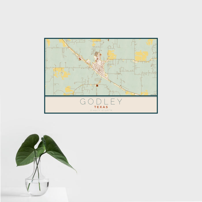 16x24 Godley Texas Map Print Landscape Orientation in Woodblock Style With Tropical Plant Leaves in Water