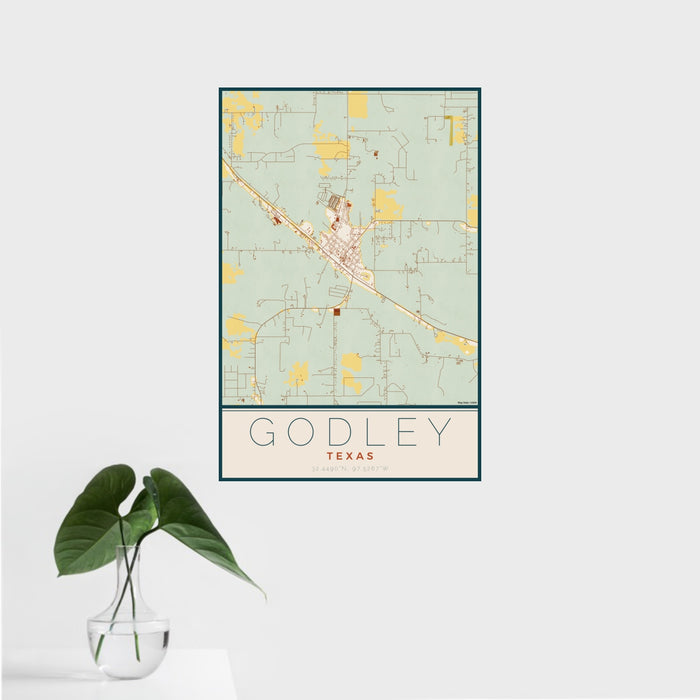 16x24 Godley Texas Map Print Portrait Orientation in Woodblock Style With Tropical Plant Leaves in Water
