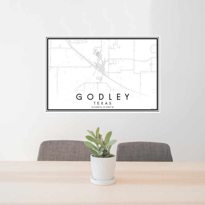 24x36 Godley Texas Map Print Lanscape Orientation in Classic Style Behind 2 Chairs Table and Potted Plant