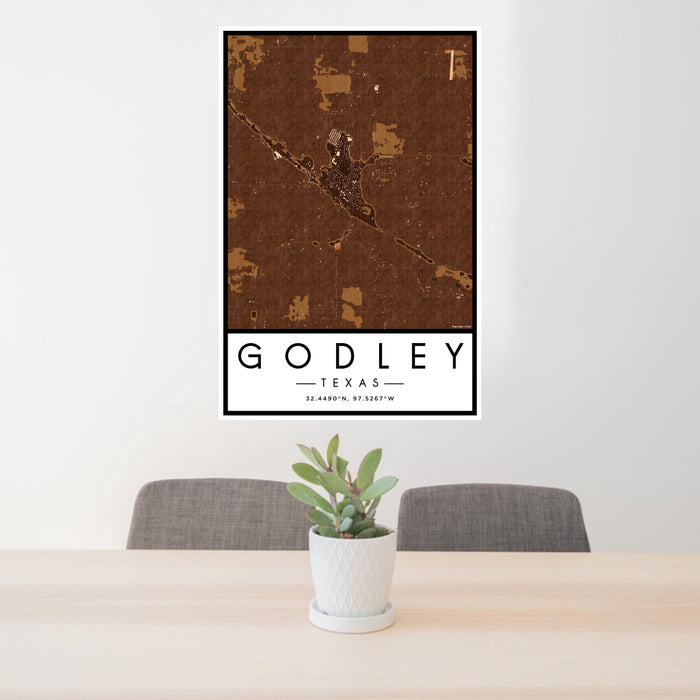 24x36 Godley Texas Map Print Portrait Orientation in Ember Style Behind 2 Chairs Table and Potted Plant